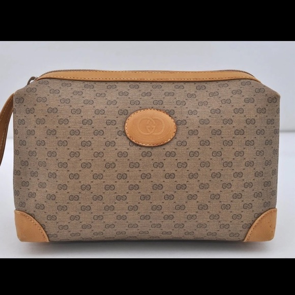 Gucci Vintage Sherry Line Micro GG Cosmetic Pouch Wristlet PVC & Leather EVC - Picture 1 of 16